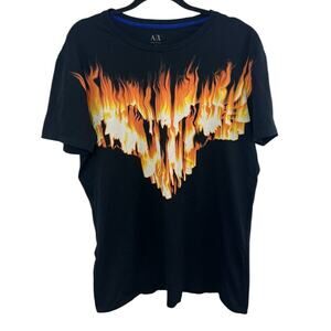 Y2K Armani Exchange Graphic T-shirt Fire Flame Black Orange Crew Neck XL